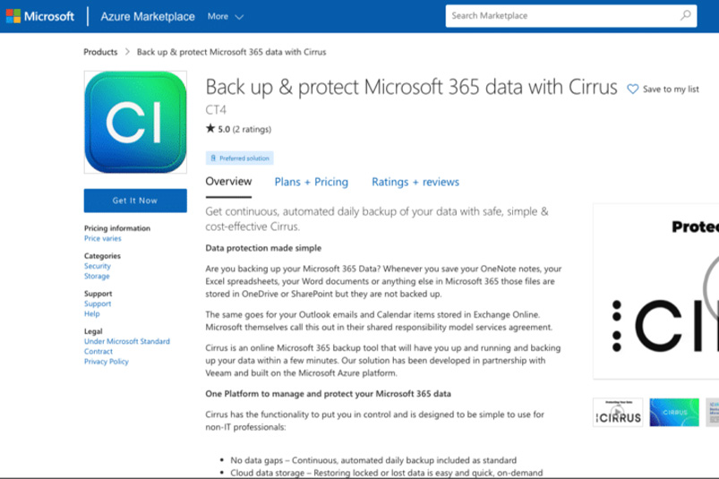 Microsoft Azure Marketplace Back up protect Microsoft 365 data with Cirrus