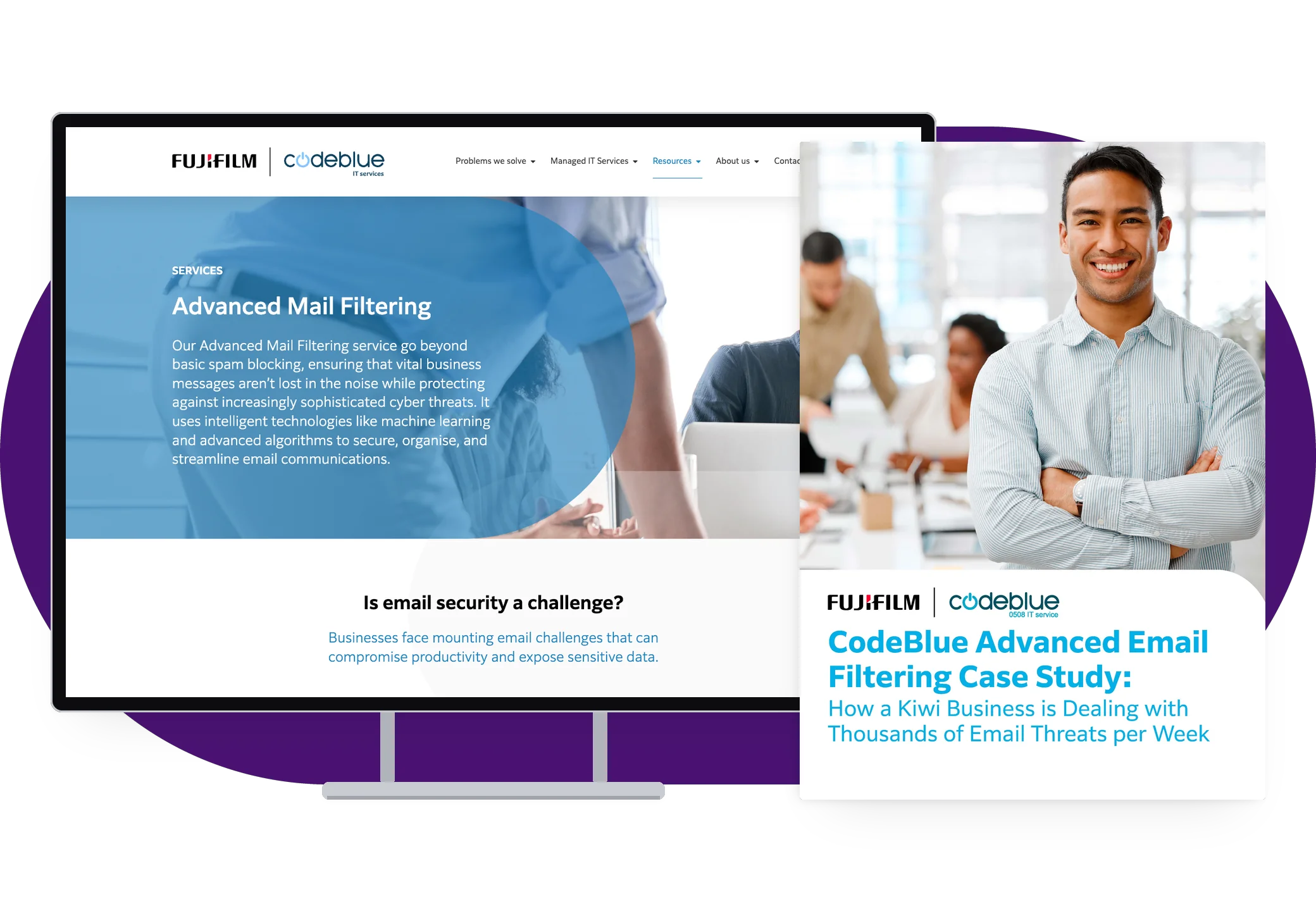 FUJIFILM CodeBlue Advanced Mail Filtering page and white paper designed by Filament