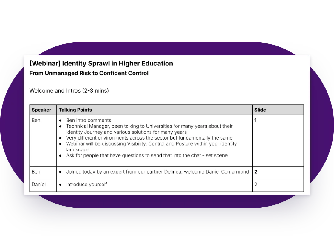 Maser and Delinea higher education webinar run sheet written by Filament