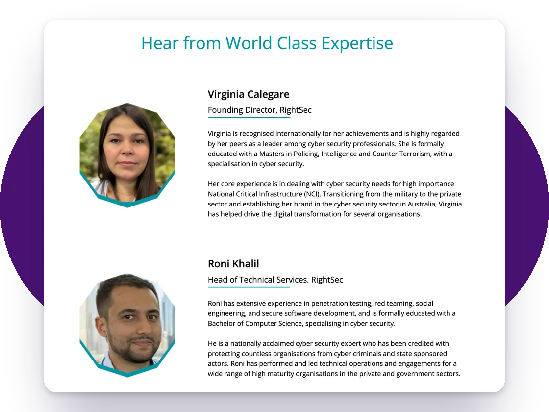 RightSec webinar landing page, LinkedIn ads, email header and speaker profile built by Filament