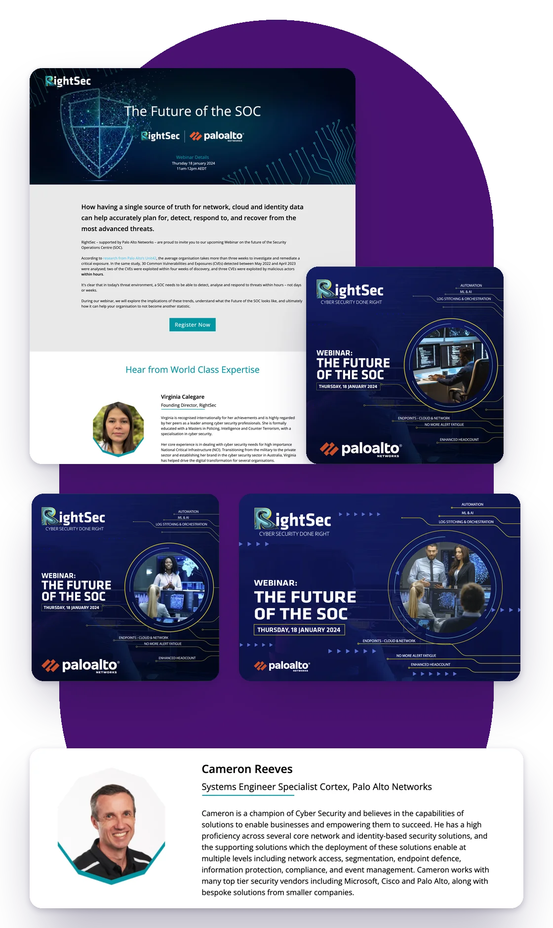 RightSec webinar landing page, LinkedIn ads, email header and speaker profile built by Filament