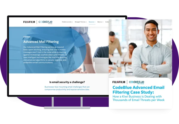 FUJIFILM CodeBlue Advanced Mail Filtering page and white paper designed by Filament